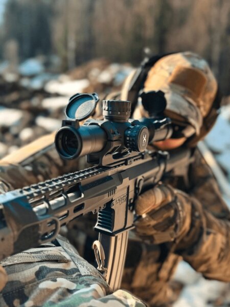 Střelec v maskáčích mířící přes puškohled Vortex Optics na přesné odstřelovací pušce. Foto: Rigad