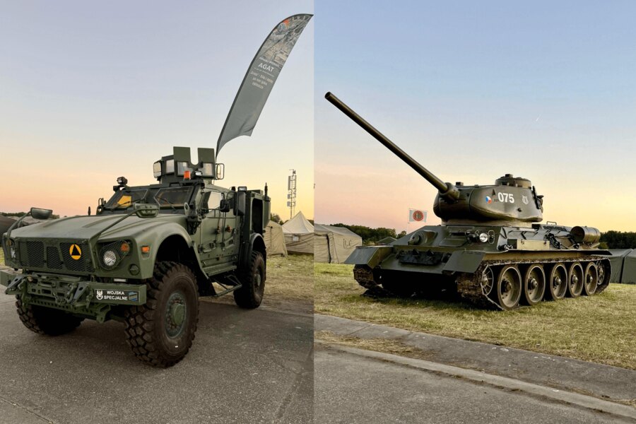 Oshkosh MRAP polských speciálních sil a historický tank T-34/85 vystavený na Dnech NATO 2025 v Ostravě. Foto: Rigad
