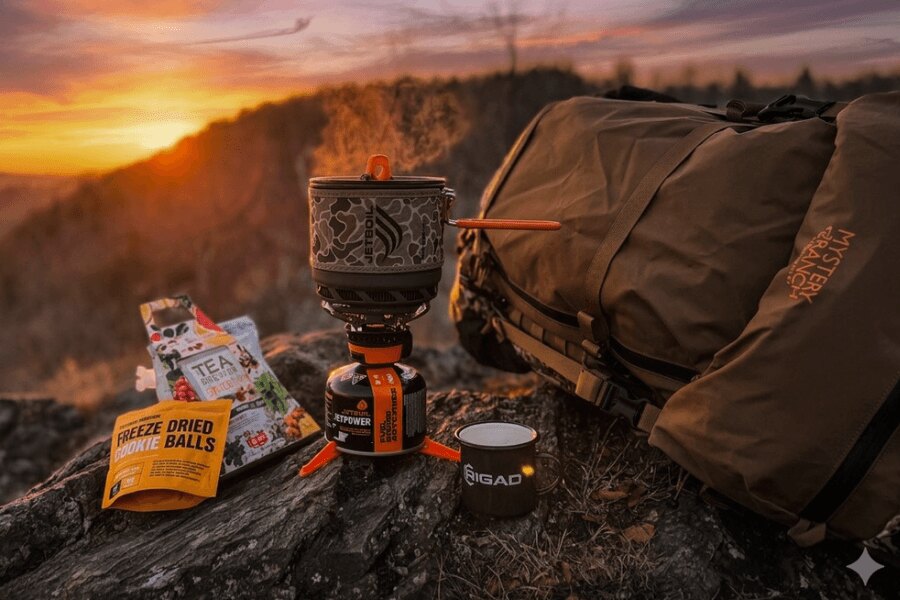 Outdoorový vařič Jetboil při přípravě jídla v horách se snacky a batohem při západu slunce. Foto: Rigad