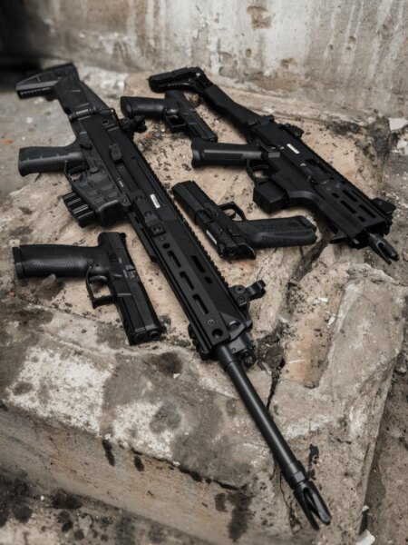 Dva samopaly CZ Scorpion EVO 3 s pistolemi v industriálním prostředí