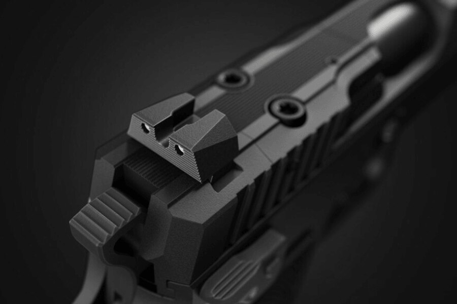 Detail hledí a zadní části závěru pistole CZ Shadow 2 Carry.