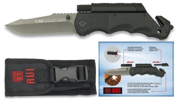 Zavírací nůž záchranářský RUI® Tactical 19541 se svítilnou a s křesadlem - černý